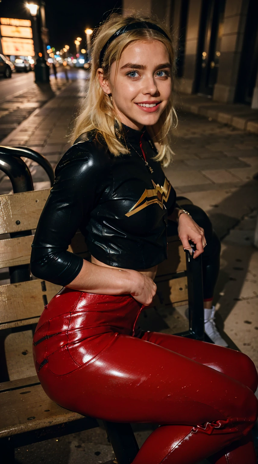 Masterpiece, Best quality, (solo girl), , (photorealistic1.4), (epiCRealLife), (flashphoto), (UHD), (young woman), (blonde hair), (blue eyes), (Wondergirl_YJ latex black armor costume), (Wondergirl_YJ black hairband) (long red Wondergirl_YJ sweat pants), (Wondergirl_YJ black costume) (, (outdoor ), (Paris Street), (Eifel Tower), (red jogging pants), (Kiernan Shipka smile),(sks woman), (from side), (sitting on bench), 