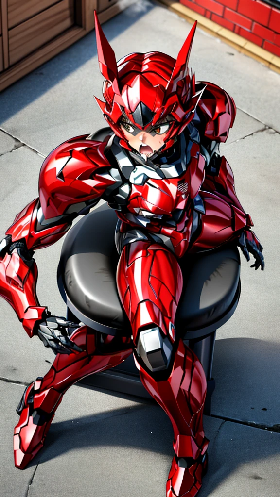 Rough skin, Very detailed, Advanced Details, high quality, 最high quality, High resolution, 1080P 、、Red Armor、Wearing red and black、cute((During a break))(Wearing a damaged female robot suit...)(Red Armor)(Broken Armor)Black Hair、、Chiquita、short hair、Open your mouth、Sweaty face、Beautiful Face、cute、knock down、よだれing from the mouth、 girl　(Steam coming out of the face) ((Steam from the body)) Sitting in a chair　Filming location　I can see the vagina　Open your thighs　Look up