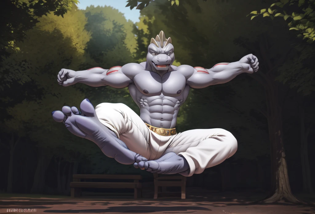 (((Barefoot furry character, full body, cinematic setting, furry male, plantigrade))) 

(((Machoke))) as Capoeira fighter, ((pokemon, long white pants, training Capoeira, in the park)), (((jump))), (((kick))), (((nice feet soles)))

blue body, bara:0.5

BREAK, intricate details, highly detailed, extreme detail, octane render, fine art, best quality, highres, (detailed face:1.5), ((full_body)), UHD, (((perfect hands))), (((perfect feet))), low light