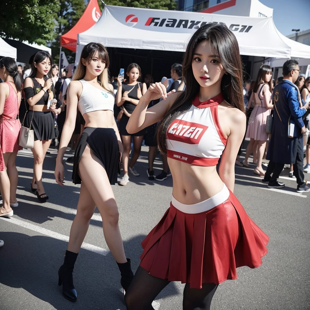 Ultra detailed face、Cool woman、Colorful costumes、F1 Driver Cosplay、Colorful costumes、Clothing with company logo、Grid Girlsのカラフルで派手な衣装、Grid Girls、Perfect Face、Paddock Girls、Harem、motor Show、tights、Bodycon Costumes、Grid Girls、Russia、Grid Girlsのコスプレ、belly button、Pleated skirt、Bodycon Costumes、Photographed in a sexy pose