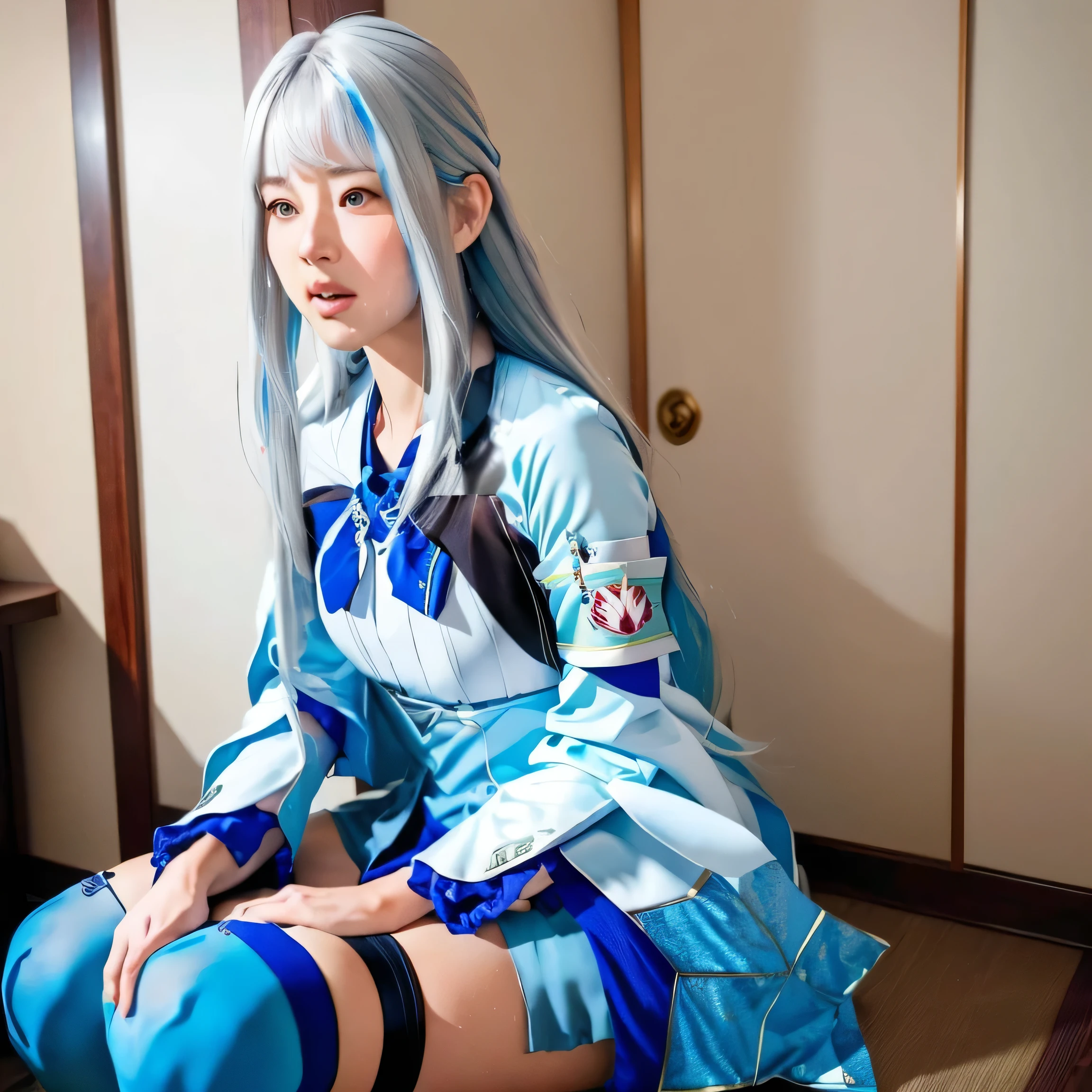 grab,(((Liz Hellesta))),(Liz Hellesta髪),((Dressed seriously)),(((Do not expose breasts))),masterpiece, Highest quality ,(1 beautiful woman), Liz Hell,cameltoe,(Straight gray straight hair,((Bangs)),((Beautiful Japanese woman face)),Thin face,((Thin cheeks)),Beautiful woman face,Precise depiction,Excellent costume design, (Small breasts), Slender upper body,(8k Full Body RAW Photo), (Highly detailed skin: 1.2), ((Oily skin)),smile, Highly detailed face, ((Grey Hair)),fine grain, (((Sweaty body))), (((Oily skin))),Inside the room,1 Girl,Open your mouth,(((Open your eyes))),(((View your viewers))),Look this way,(((Open your eyes))),(((Open your eyes))),,(Realistic:1.0),Front view,1girl,Hair Ornament Net、Long Hair、Long sleeve、((Blue thigh-high socks in silk fabric))、((Armband))、Blue pleated mini skirt、((White jacket, cotton material))、(tight white shirt)、Blue Skirt、((Metallic black thigh straps)),(((Front view))),View your viewers,((Open your mouth)),Showing teeth,Constricted eyes,(((blush,shame))),(((Puzzled expression))),Ecstasy, Heavy breathing, Open your mouth, Female orgasm,
