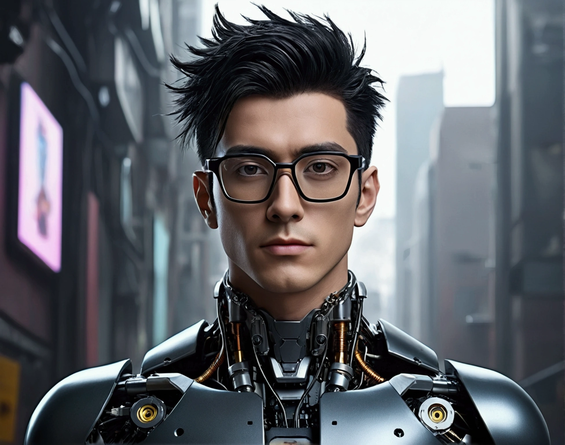 Male robot body hair with black-rimmed glasses with undercut hair, look to the camera ::futuristic cyberpunk style ,realistic styling ::n_digital painting style, robotic parts, face perfect::seed 1、Black Edged Hair、large nose、Black-based clothing, photo by full body