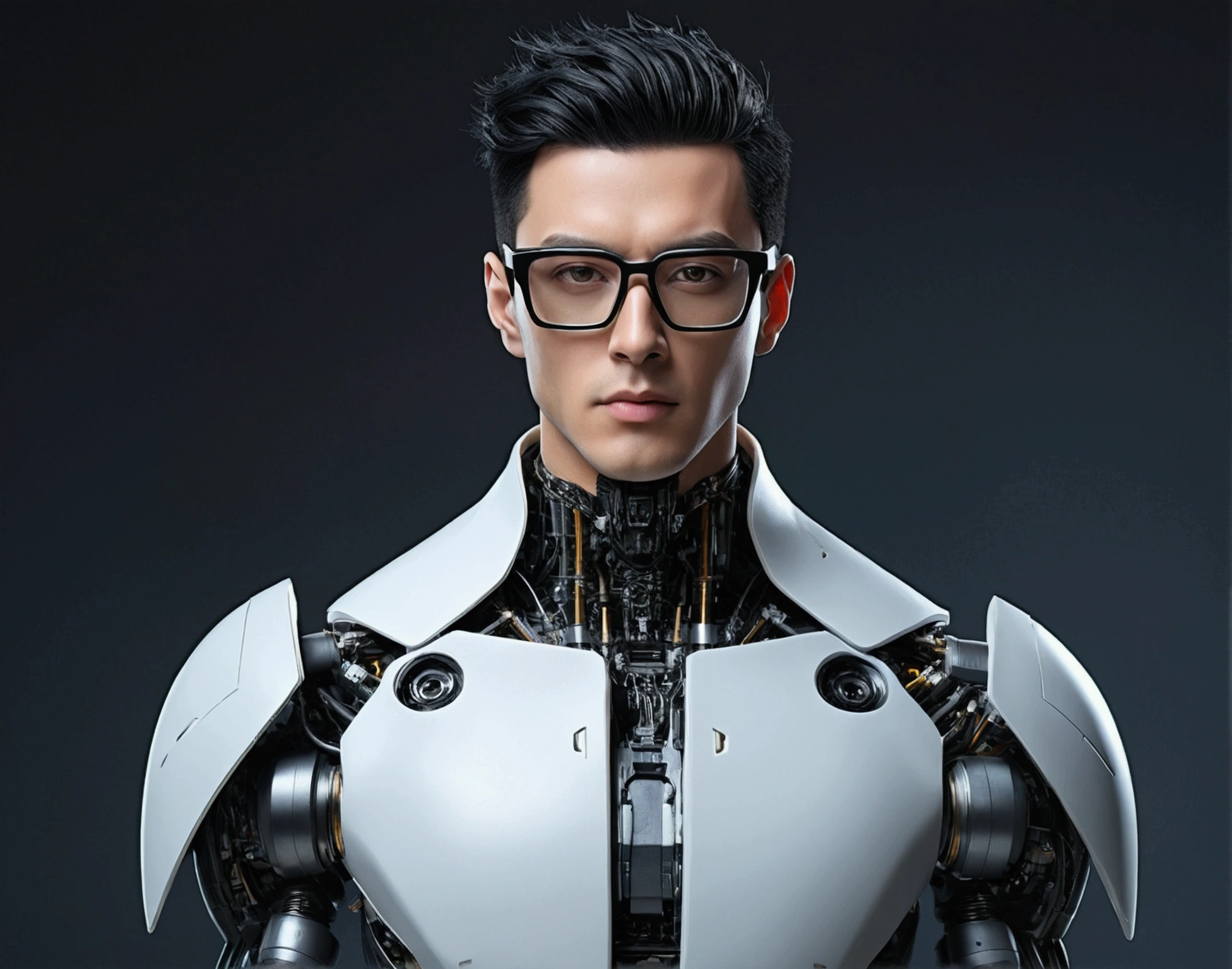 Male robot body hair with black-rimmed glasses with undercut hair, look to the camera ::futuristic cyberpunk style ,realistic styling ::n_digital painting style, robotic parts, face perfect::seed 1、Black Edged Hair、large nose、Black-based clothing, photo by full body