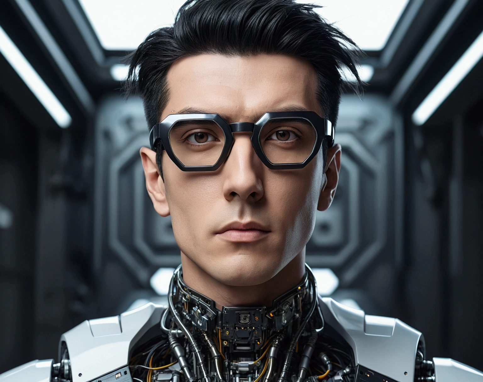 Male robot body hair with black-rimmed glasses with undercut hair, look to the camera ::futuristic cyberpunk style ,realistic styling ::n_digital painting style, robotic parts, face perfect::seed 1、Black Edged Hair、large nose、Black-based clothing, photo by full body