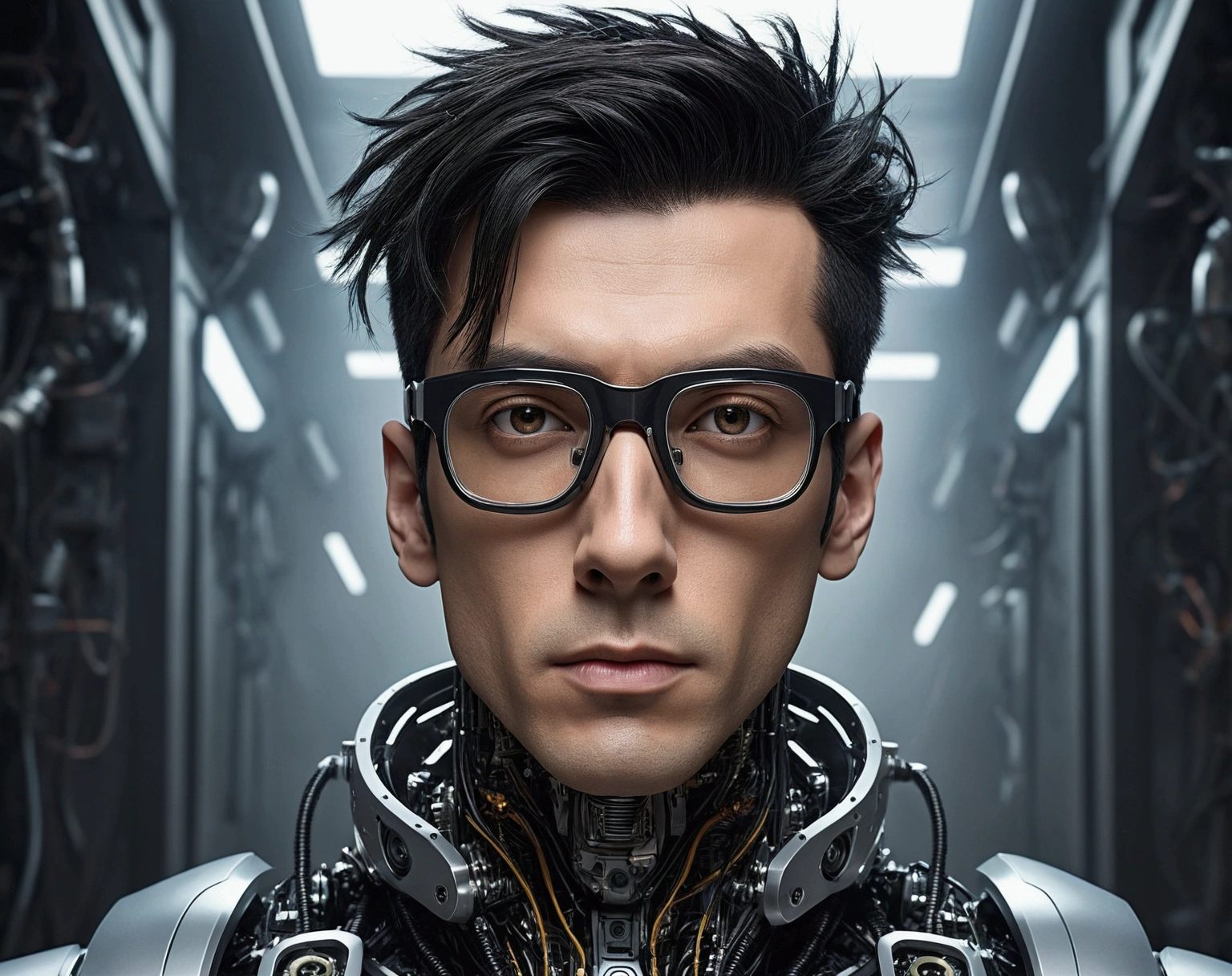 Male robot body hair with black-rimmed glasses with undercut hair, look to the camera ::futuristic cyberpunk style ,realistic styling ::n_digital painting style, robotic parts, face perfect::seed 1、Black Edged Hair、large nose、Black-based clothing, photo by full body