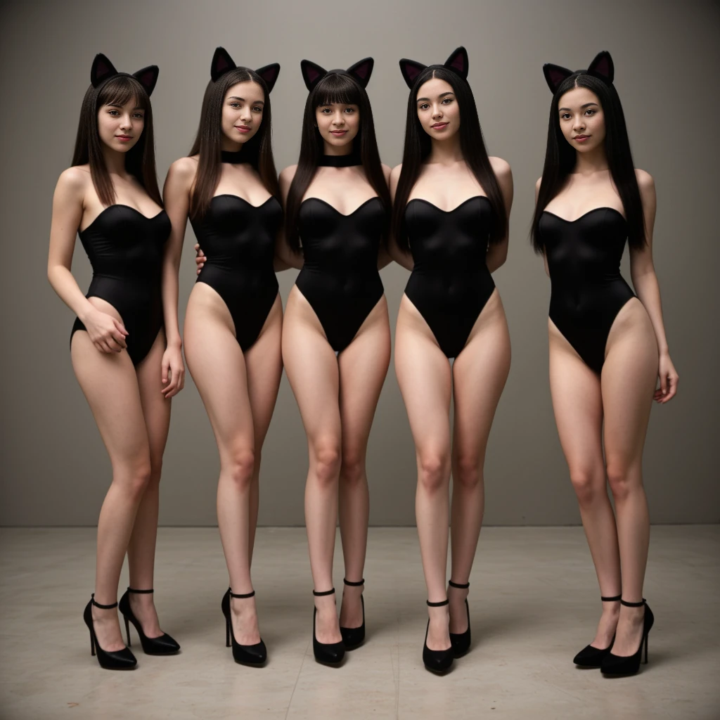 group of young girls in sexy cat costumes, long legs, high heels, firm bodies