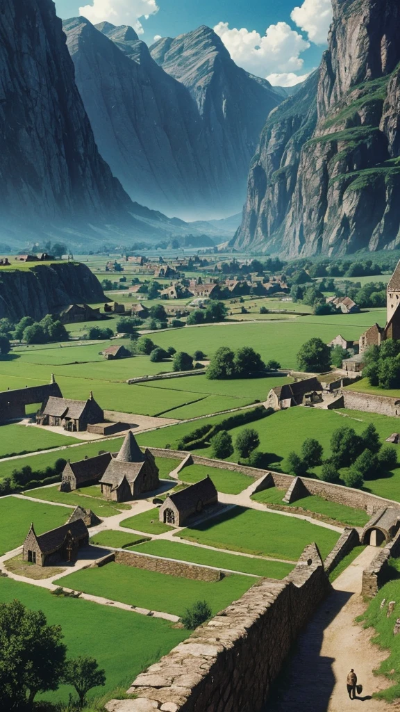 fantasy medieval style fields and villages, 80s, cinematic