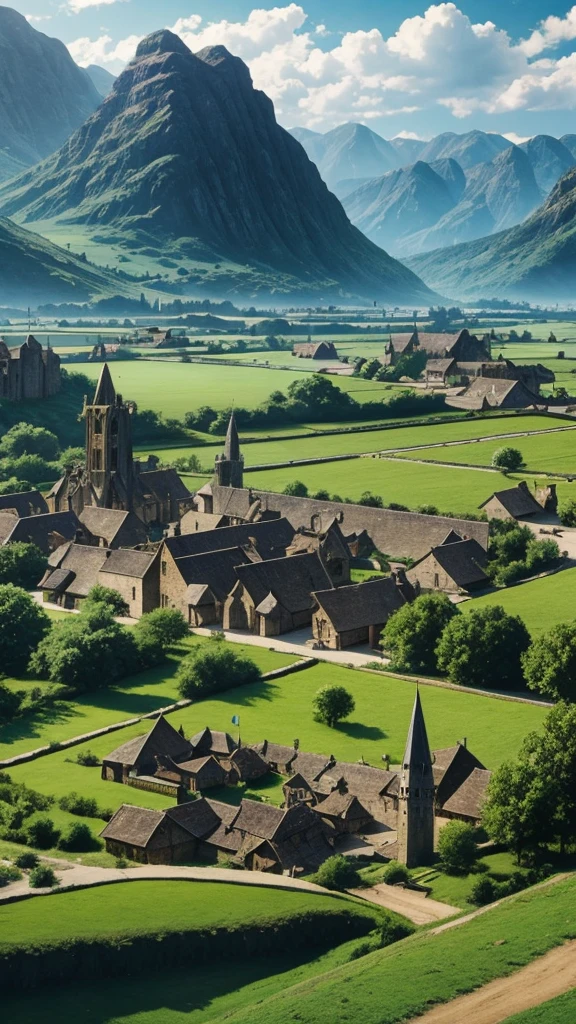 fantasy medieval style fields and villages, 80s, cinematic
