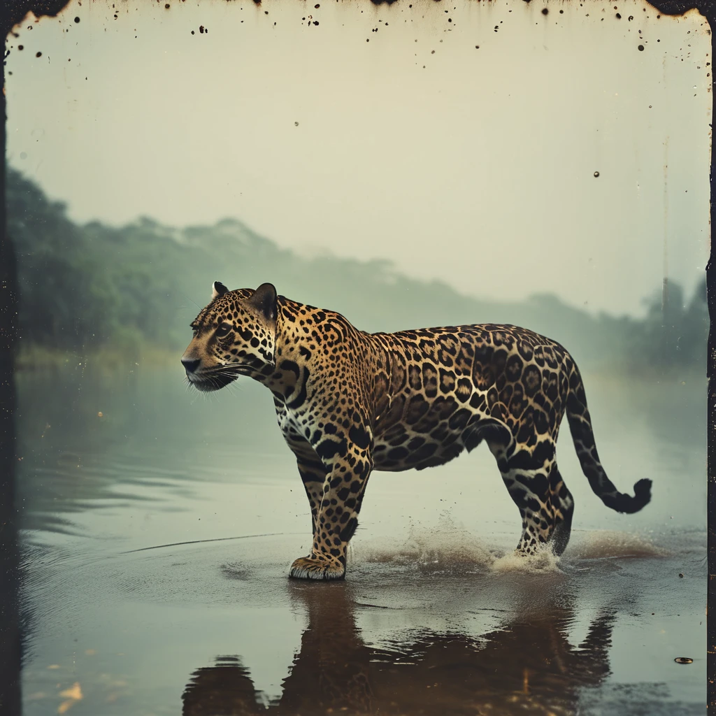 Best quality, ultra high resolution, official wallpaper, (realistic :1.4), award winning portrait of a jaguar walking on water watching reflection, cinematic lighting, golden ratio, perfect composition, elegant, no crop, extremely detailed, 4k, sharp focus, masterpiece, CinemaHelper, PhotoHelper, backlight, HDR 