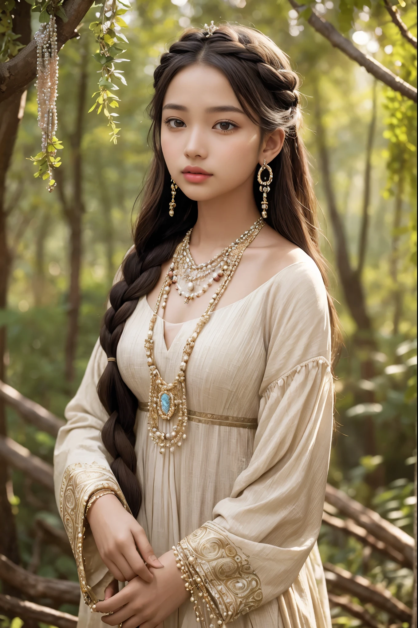 A captivating and mesmerizing portrait of a young girl with brown skin, standing amidst the serene beauty of a tranquil wooded forest. Her enchanting brown eyes draw you in, while her intricate braids adorned with colorful beads, pearls, and decorative elements create a mesmerizing pattern. A bold nose piercing graces her left nostril, adding to her unique and mystical allure. Layered necklaces of vibrant beads frame her neckline, highlighting her fairy-tale-like beauty. The atmosphere of this enchanting scene is serene, as if she is an ethereal being from a timeless story, captured in a photo to be cherished.