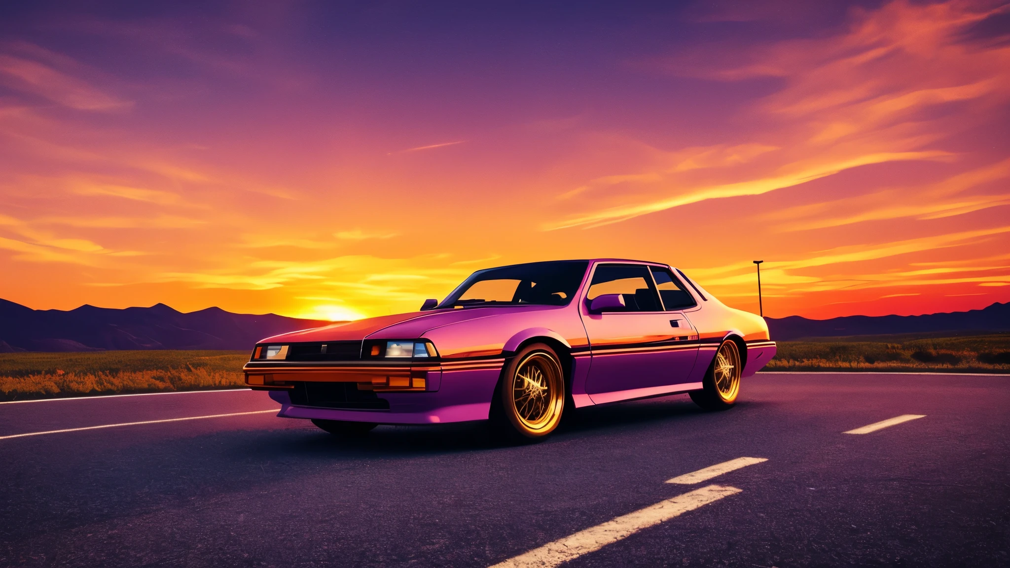 an old 90s car, retro vibe, orange sun, purple sky, photorealistic, 8k, highly detailed, intricate details, dramatic lighting, glowing sunset, vibrant colors, vintage aesthetic, cinematic composition, dramatic perspective, realistic reflections, dust particles, grungy textures, nostalgic mood, warm tones, golden hour lighting