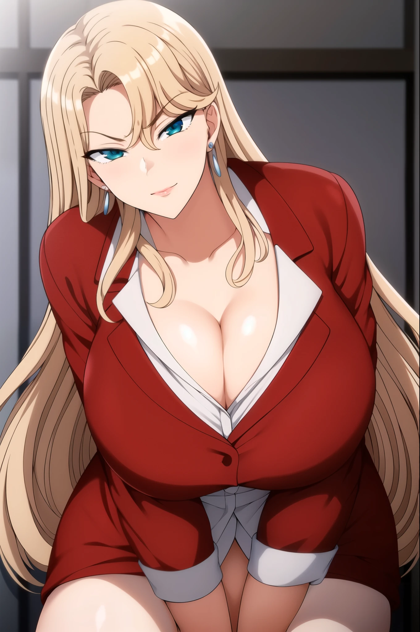 Simple White Background,
(red_jacket:1.2),long_sleeves,heart_necklace,white shirt, collared shirt,
cleavage, collarbone,
pantyhose, pencil skirt,
earrings, jewelry,Gem,
bangs, blonde_hair, blue_eyes, long_hair,
1 girl, 20yo,Young female,Beautiful Finger,Beautiful long legs,Beautiful body,
Beautiful Nose,Beautiful character design, perfect eyes, perfect face,expressive eyes,perfect balance,
looking at viewer,(Focus on her face),closed mouth, (innocent_big_eyes:1.0),(Light_Smile:0.3),
official art,extremely detailed CG unity 8k wallpaper, perfect lighting,Colorful, Bright_Front_face_Lighting,White skin,
(masterpiece:1.0),(best_quality:1.0), ultra high res,4K,ultra-detailed,
photography, 8K, HDR, highres, absurdres:1.2, Kodak portra 400, film grain, blurry background, bokeh:1.2, lens flare, (vibrant_color:1.2),professional photograph,
(Beautiful,large_Breasts:1.4), (beautiful_face:1.5),(narrow_waist), (close to viewers face), (big ass), (big breasts), (huge breasts), (thick thighs), (wide hips), (cleavage)