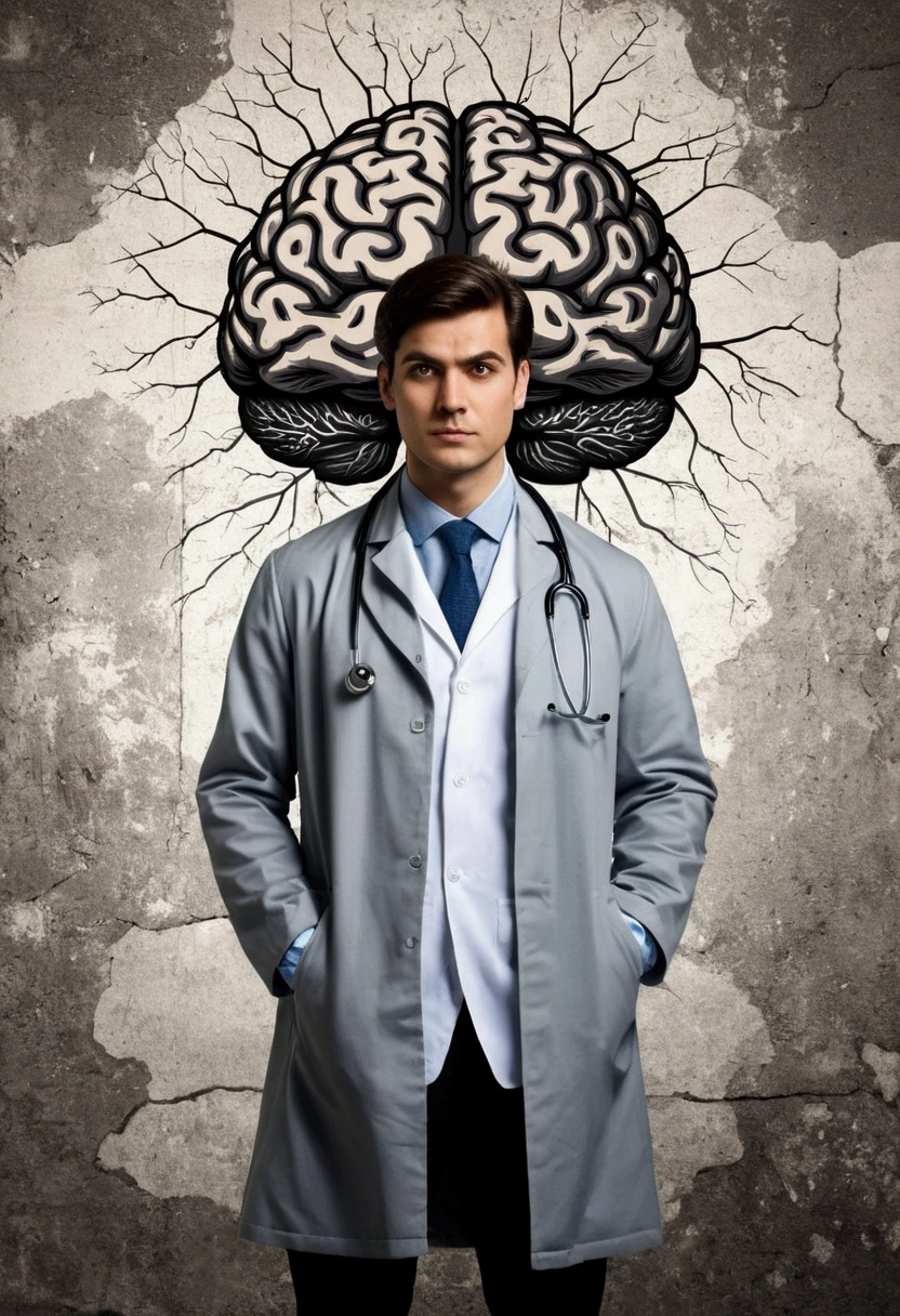 A young doctor, scientist in gray coat, Old wall background with illustration of a brain, neurology scenario