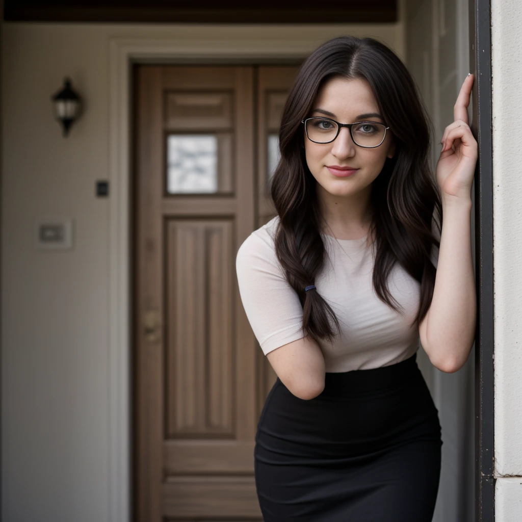 meghan trainor, ((innocent girl next-door)), secretary outfit, dark brunette hair, pencil skirt, hair in tight braid, round glasses,