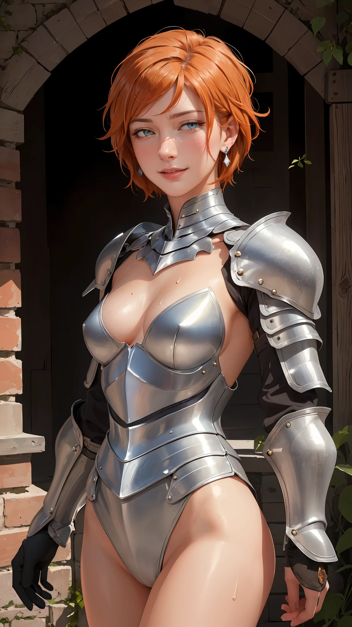 ((((masterpiece, best quality, high resolution)))), Extremely detailed 8K, Beautiful girl with voluptuous body, (Ultra HD, Ultra-detailed, Highly detailed, Highly realistic, Ultra-realistic, photograph realistic), (1girl:1.5), (Realistic orange hair), (short silky hair, hair ornaments, earrings), (dynamic poses), facing at camera, looking at viewer, (blushing red, embarrassed, exhausted, smile), (grey eyes, sharp eyes), (small perky breasts:1.2), (beautiful detailed face, beautiful detailed eyes), ((knight metal body armor, breasts plate)), (standing up), sweat, glow, (sunbeam, sunlight), ((cowboy shot)), inside dungeon, seductive