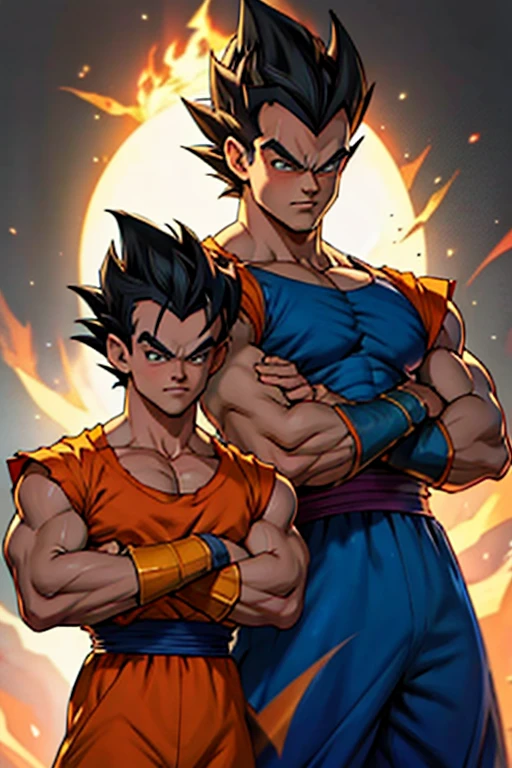 a cartoon of a young gohan with his arms crossed, vegeta, with vegeta head hair, prince vegeta, photorealistic human goku, super saiyan, character dragonball, super saiyan blue, dragon ball artstyle, human goku, most strongest pose, gogeta, dragon ball z style, muscular character, dragon ball concept art, super sayan
