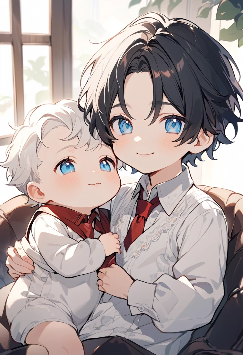 alone, elegant, 1 teenage boy with black hair and white hair, half and half, short hair, blue eyes, detailed, White shirt, Red tie,  Little baby, adorable baby, baby clothes, baby with black hair, Siblings, smile, ojos detaileds, gentle