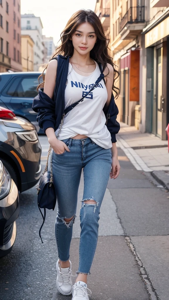 Masterpiece, best quality, awards winning photograph, 1girl, extremely beautiful, wavy hair, hair blown by strong winds, college girl, navy hoodie-zip jacket, tight white shirt, ((wearing sling-bag)), blue jeans, sneakers, fit body, small breasts, big booty, full body, from below, walking at the street,