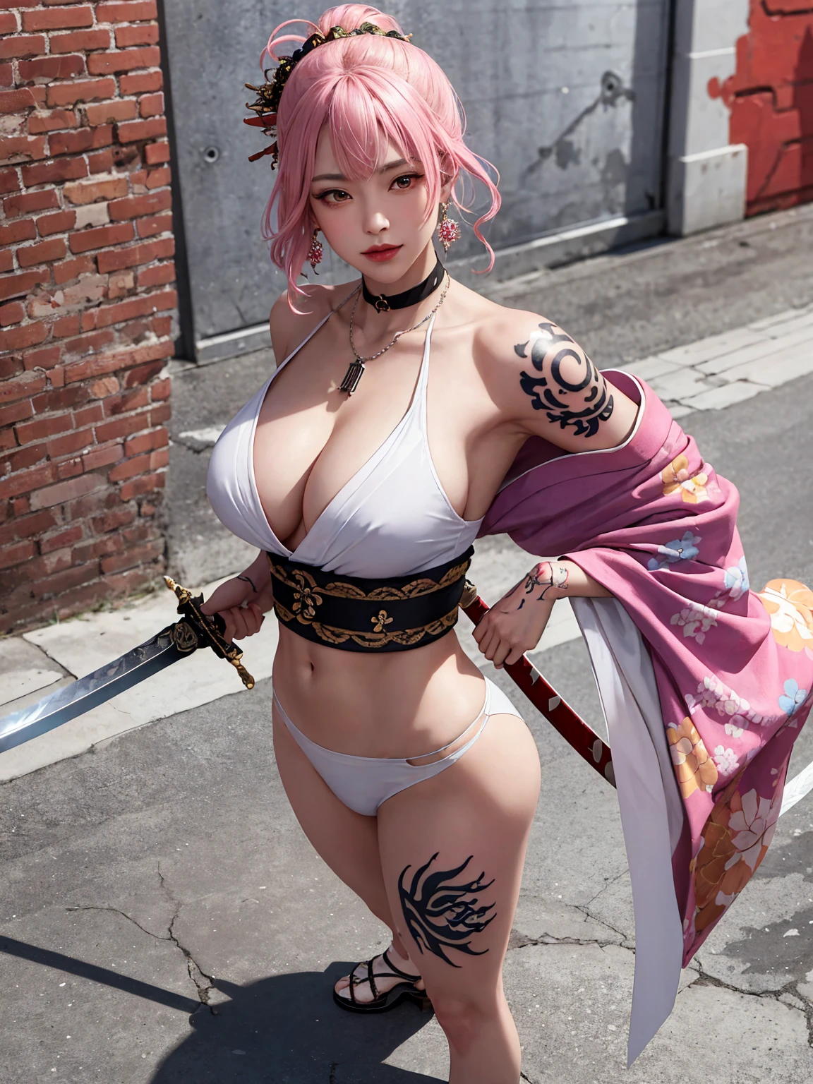 (Masterpiece, best quality, 1 girl, alone, complicated details, Chromatic aberration), realistic, ((Moderate breath)),long hair, pink hair, Red headpiece, Pink Highlights, hair on one eye,purple eyes, earring, sharp eyes, choker, Neon coat, She wears a collar, bangle, and kimono style garters., crop top, (symmetrical eyes),(Perfect symmetrical body),against the wall, Brick wall, (colorful graffiti words on the wall:1.2), The light is dim., alley ,Look at the viewer.、Dig the chest、smile、(sleeveless、Navel touch、Fitted turtleneck.)、street string hot pants、Thin bottom、Please build above the eaves..、Thin shoulders、Beautiful Thai-Melanesian woman, (), pretty face, red lips,
BREAK,
Athletic feminine body, Female fitness model body, Hard toned feminine body, (muscles: 1.2), (beautiful navel),
BREAK,
Mixed martial arts, Kung fu fighter, Japanese idol,
BREAK,
(wearing cute kimono: 1.3), Red high heels, necklace, earrings, short length,
BREAK,
Short hair, (Bob hair), (Bangs: 1.2), (Rainbow hair), (Wavy hair),
BREAK,
(Holding a very large sword in hand, Holding a sword handle in hand, Standing with a very large sword, Raising a very large sword: 1.4), (Samurai in a fighting stance),
BREAK,
(Large tattoos all over body, Japanese tattoos on 80% of the body: 1.4),
BREAK,
Masterpiece, Perfect lighting, Ultra high resolution, 8K, (Highly detailed: 1.4), From the front, looking at the camera, melancholy expression,
BREAK,
(Tokyo city, many people in the background), Tokyo city background,