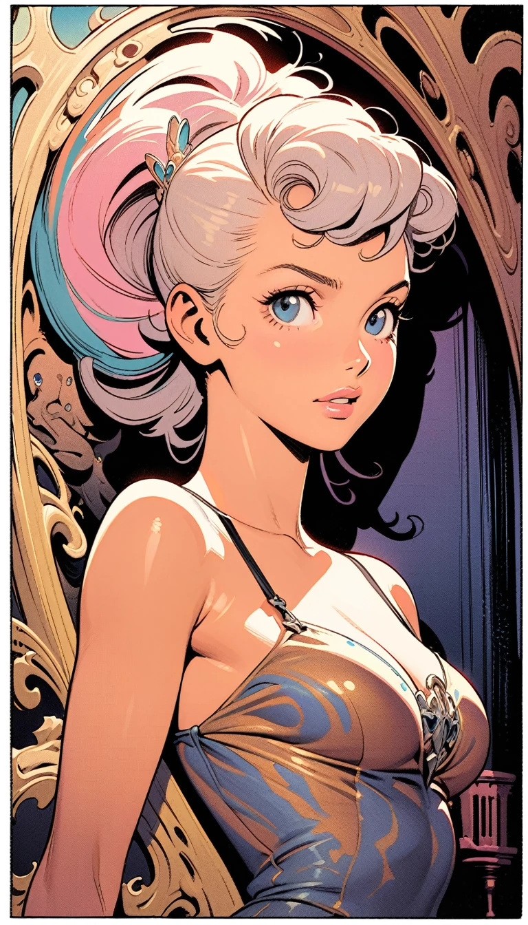 ((best quality)) , ((masterpiece)) , (detailed),illustration art by Dave Stevens and Lillian Bassman, Graceful (Man:1.2) , Multicolor hair styled as Caesar cut, Comic books, graphic novels, retro style, pin-up art, Fashion and art,elegant and sophisticated, innovative use of light and shadow, capturing the glamour of mid-20th century fashion, portrait art by Mary Cassatt, glossy, ambient, complex, full color, fine artistic composition, enchanted