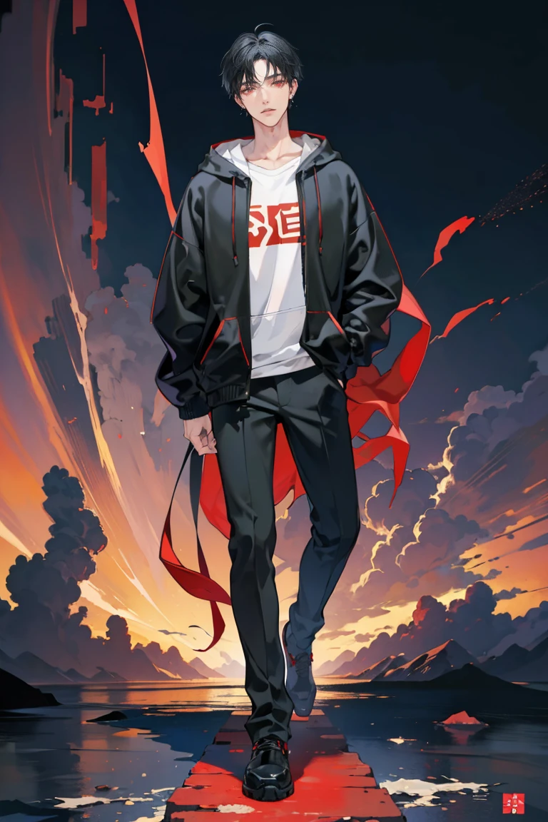 (masterpiece), best quality, seductive eyes, perfect face, handsome man, red eyes, short messy black hair, long nose, small black hoodie, black pants, full body, extremely tall man, long legs, long calves, anime cover, 1boy, ear piercings, hands in pockets, adult-like look, the background is a museum
