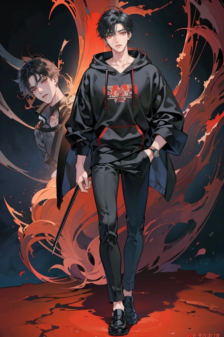 (masterpiece), best quality, seductive eyes, perfect face, handsome man, red eyes, short messy black hair, long nose, small black hoodie, black pants, full body, extremely tall man, long legs, long calves, anime cover, 1boy, ear piercings, hands in pockets, adult-like look, the background is a museum