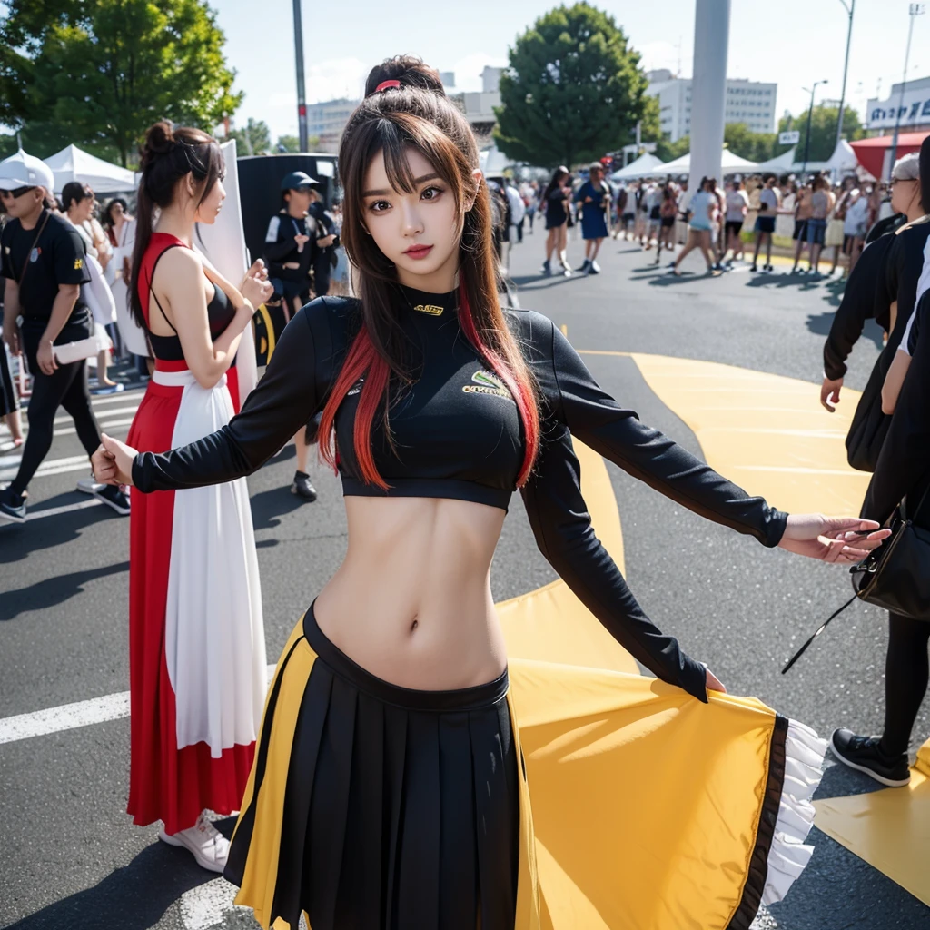 Ultra detailed face、Cool woman、Colorful costumes、F1 Driver Cosplay、Colorful costumes、Clothing with company logo、Grid Girlsのカラフルで派手な衣装、Grid Girls、Perfect Face、Paddock Girls、Harem、motor Show、tights、Bodycon Costumes、Grid Girls、Russia、Grid Girlsのコスプレ、belly button、Pleated skirt、Bodycon Costumes、Photographed in a sexy pose