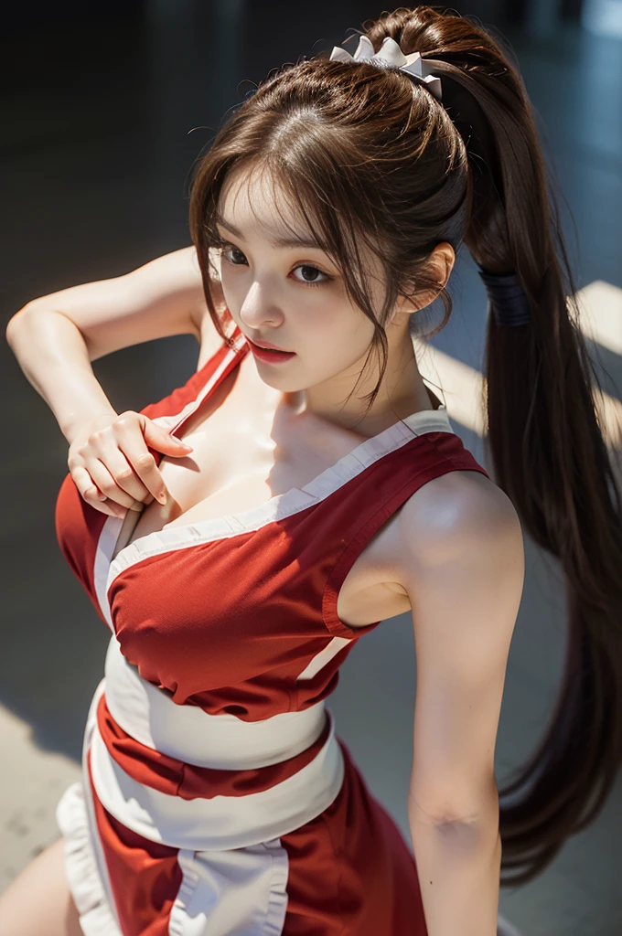 shiranui mai, Brown eyes, Long hair, Brown hair, (Red clothes:1.3),White ribbon, Sleeveless, pony tails, sash, Pelvic curtain, arm guards, mitts, tabi,A plump chest, Seductive expression, Sexy eyes, Huge breasts, Smile, Cute, view the viewer, Long hair, (breasts focus:1.2), (Realistic:1.2), (Full shot: 1.2), (Realism), (Masterpiece:1.2), (Best quality), (Ultra detailed), (8K, 4K, Intricate), (85mm), Light particles, lighting, (Highly detailed:1.2), (Detailed face:1.2), (gradients), sfv, Colorful, (Detailed eyes:1.2), (das boot: 1.2),(Detailed background), (Dynamic Angle:1.2), (Dynamic pose:1.2), (Line of action:1.2), Wide shot, .huge tit,Bigchest,crowd of,lots of people,crowed,aboard