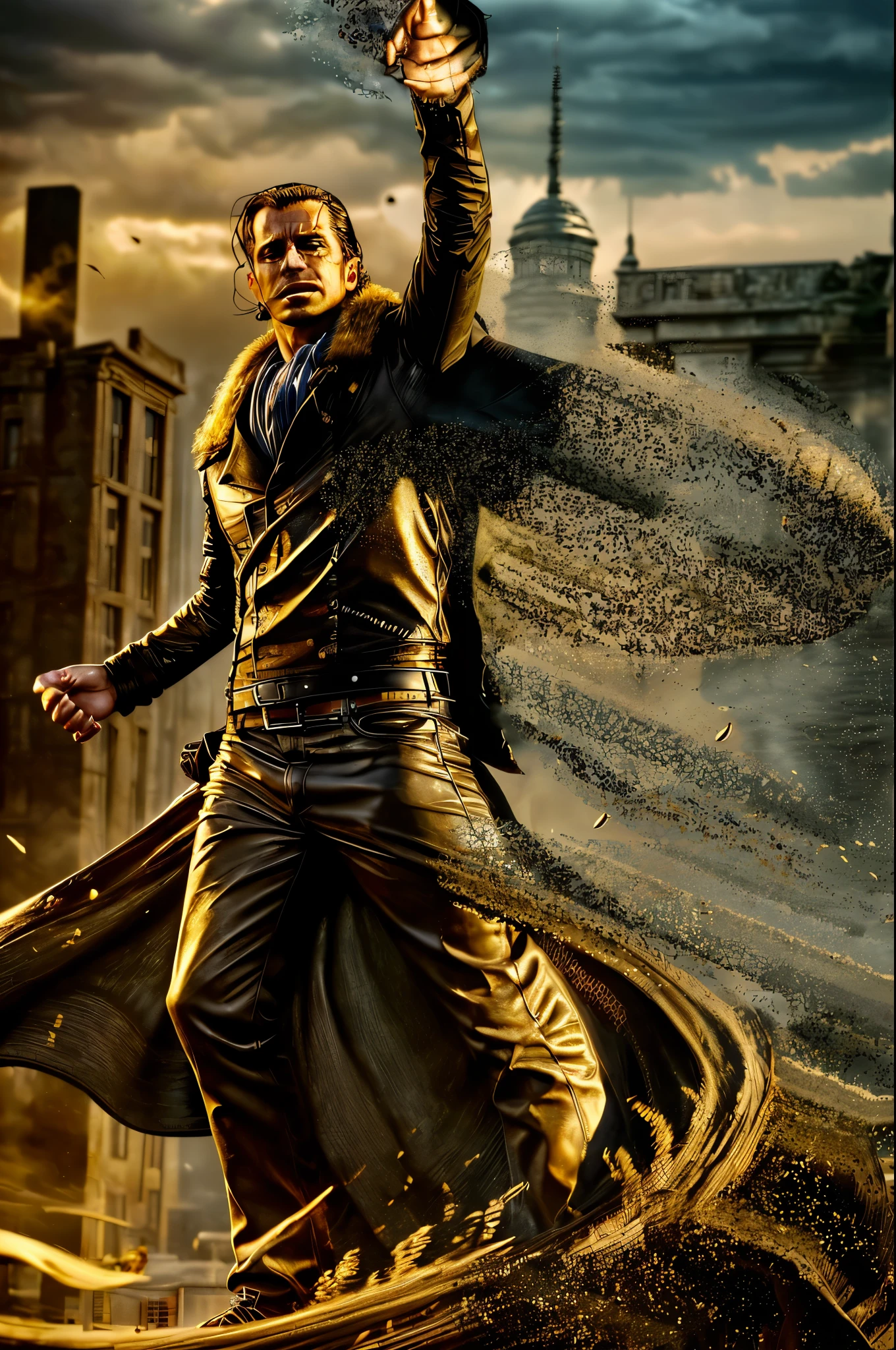 masterpiece, best quality, extremely detailed, hyperrealistic, photorealistic, a cool 40s man, ultra detailed face:1.2, fur-trimmed coat, scarf around the neck, his left hand is a golden pirate hook:1.1, cigar, smoke, sly smile, underground prison, outside of prison, dynamic angle
