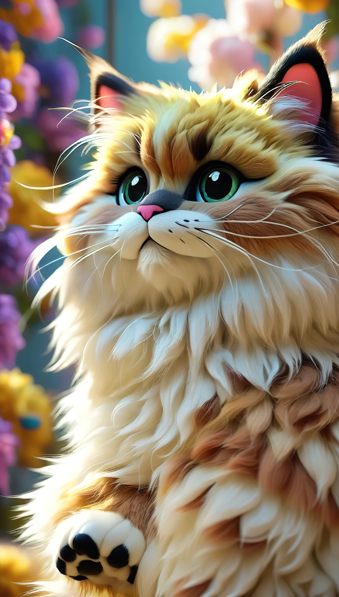 a giant fluffy white cloud-like cat among mountains, detailed furry texture, realistic lighting and shadows, vibrant colors, dramatic cinematic composition, intricate details, fantasy scene, award winning digital art