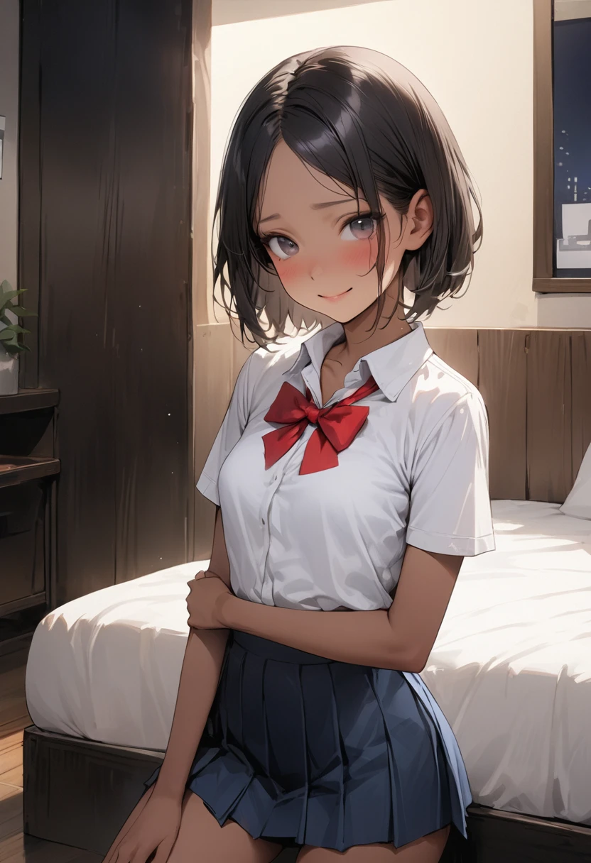 ((masterpiece,Highest quality:1.3,best quality illustration)),((realistic)),cowboy shot,独奏,1woman,18 year old beauty、black hair,short bob hair,(center parted bangs),black eyes,(gorgeous eyes),((very small head:1.3)),shy,smile,((slender body,skinny)),(tan skin:1.4),small breasts,(Collared short-sleeved shirt、red bowtie,Navy blue pleated mini skirt),gleaming skin,oily skin,slender body, Simple bed、Simple bedroom、Tokyo、