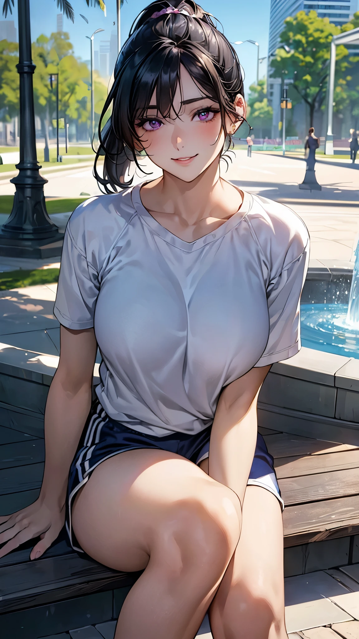 (masterpiece:1.2, top-quality), (realistic, photorealistic:1.4), beautiful illustration, (natural side lighting, movie lighting), depth of fields, (photograph),
beautiful detailed hair, beautiful detailed face, beautiful detailed eyes, beautiful clavicle, beautiful body, beautiful chest, beautiful thigh, beautiful legs, beautiful fingers,
looking at viewer, 1 girl, 15 years old, (perfect anatomy, anatomically correct, super detailed skin), perfect face, parfect eyes, cute and symmetrical face, babyface,
(middle hair, ponytail, sideburns:2.0, black hair), bangs, purple eyes, slant eyes, big eyes, long eye lasher, (large breasts, seductive thighs), slender, white skin, shiny skin,
(short sleeve white t-shirt, navy short pants, gym clothes),
(beautiful scenery), evening, (park:1.2, fountain), sitting on bench, (lovery smile, upper eyes, parted lips),