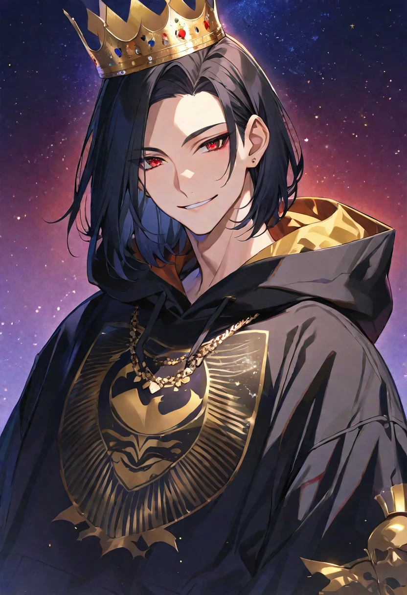 alone,good looking,
1. male,
bangs,Straight hair,Bob Hair, ,
Black Hair,
Satoru Gojo ,
Red eyes,Soft impression,
beautiful,Sexy,darkness,Gold Necklace,
Oversized black hoodie ,smile,King,crown,
Simple Background ,
Starry sky background,