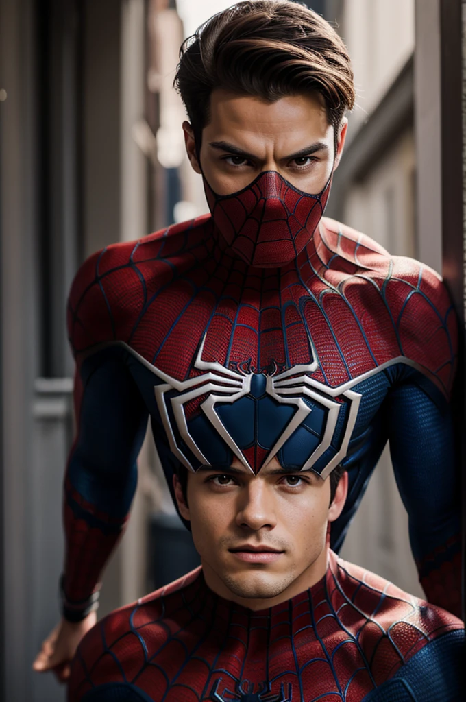 Photo of spider man, no mask, 20s, handsome, detailed face, looking at camera, Portrait, 8k uh, High quality