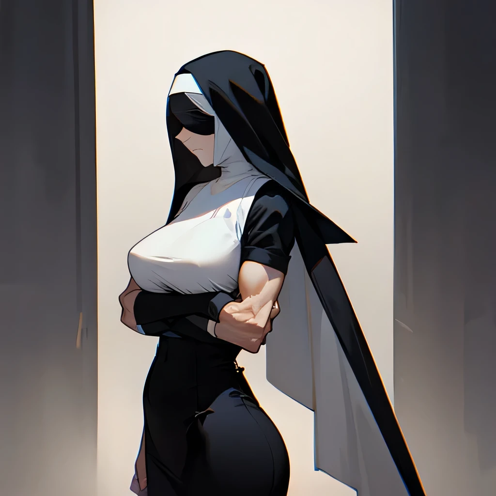 Nun,women,strong,huge,tall,muscular,black blindfold,slim waist,huge arms 