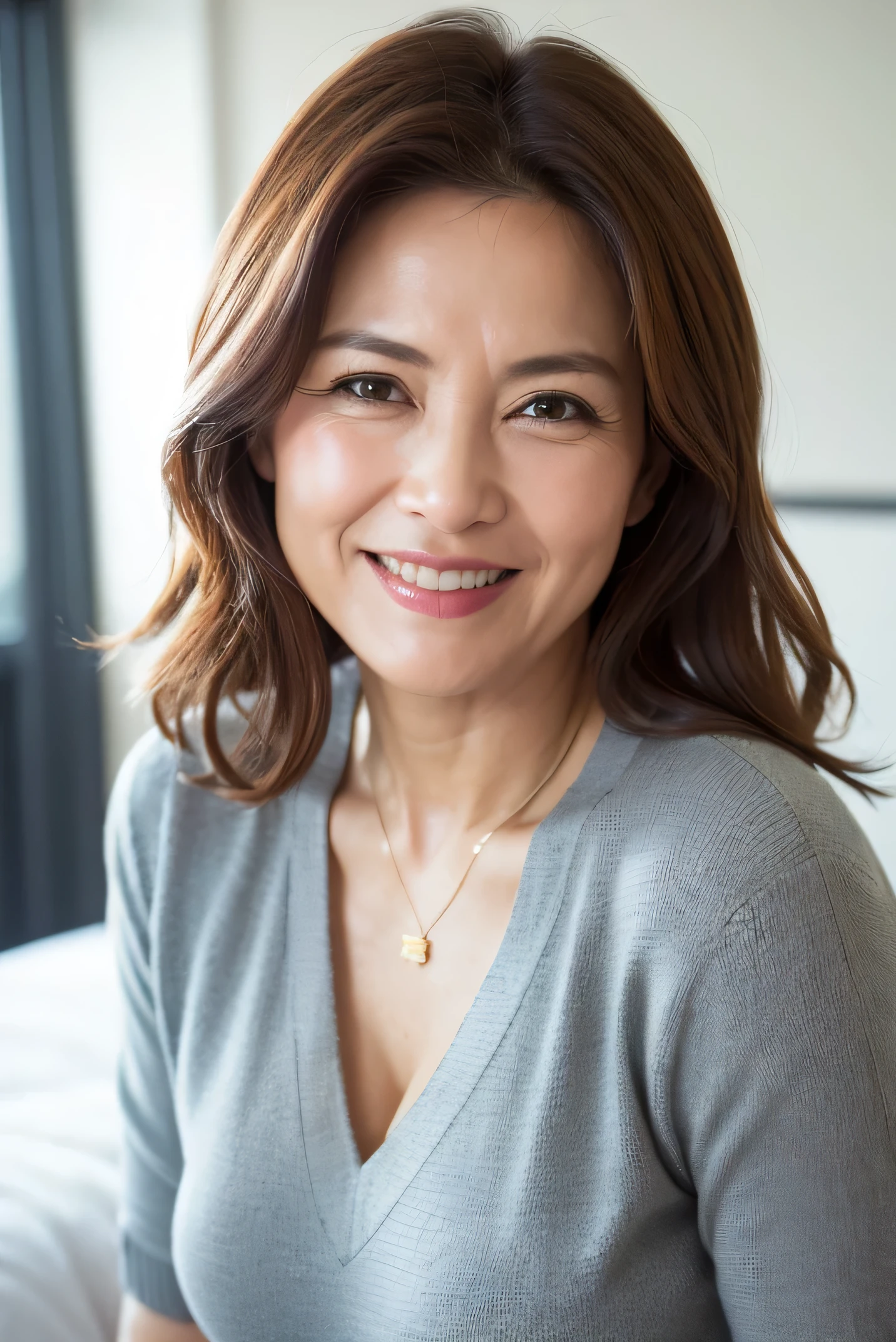 最high quality, In 8K, Masseter region, Real, Sharp focus, high quality, High resolution, Detailed face, Detailed eyes, Thick lips, Background Blur, alone, Middle-aged women, , 55 years old, , Wavy Hair, Cleavage, Wearing a plain short-sleeved knit,Bedroom, Wrinkles around the eyes, Smiling with teeth showing