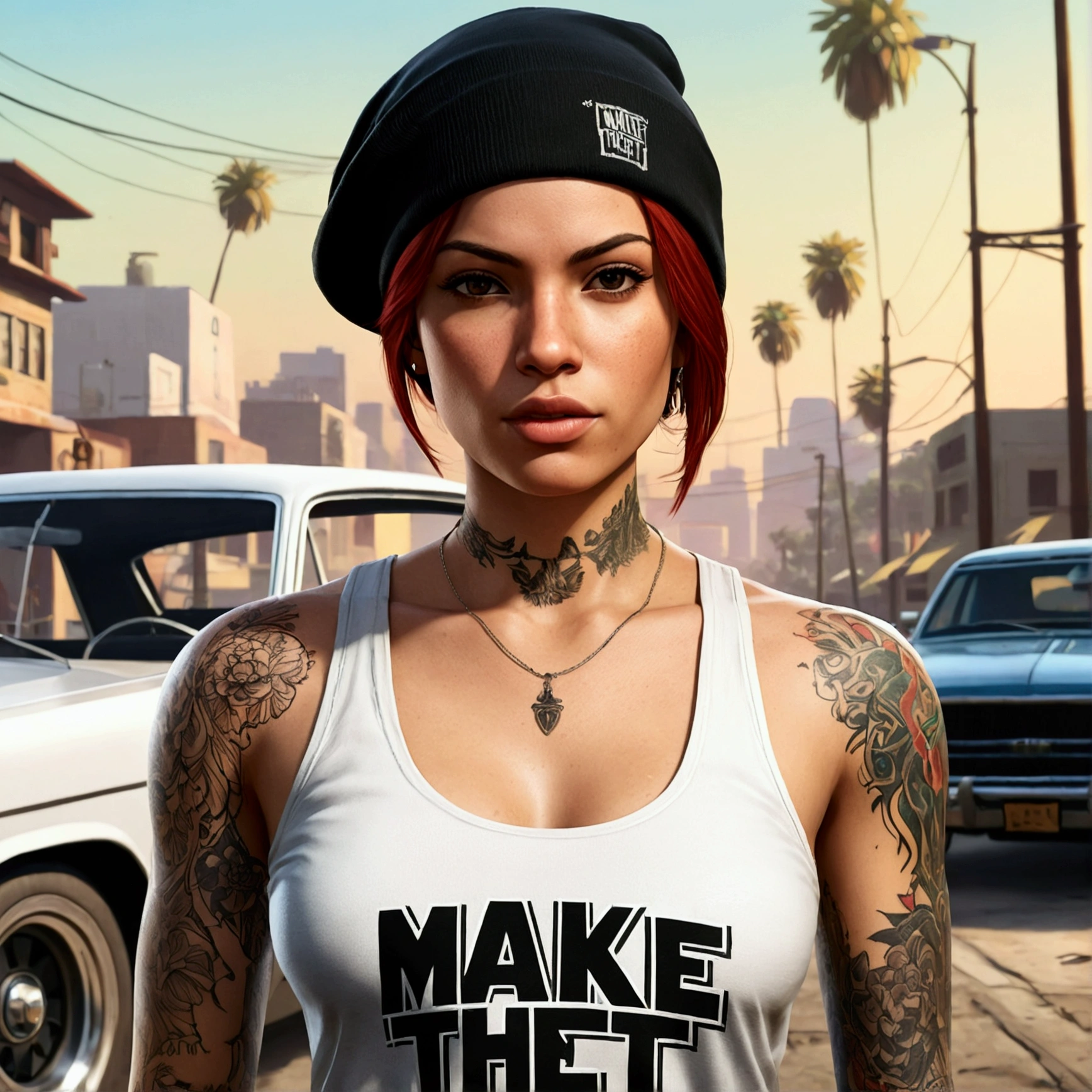 Make a redhead Latina girl  character with a white tank top in a portrait style artwork from the Grand Theft Auto franchise Make her with a black  beanie Make her with short hair down to her shoulders and A tattoo on her right chest 