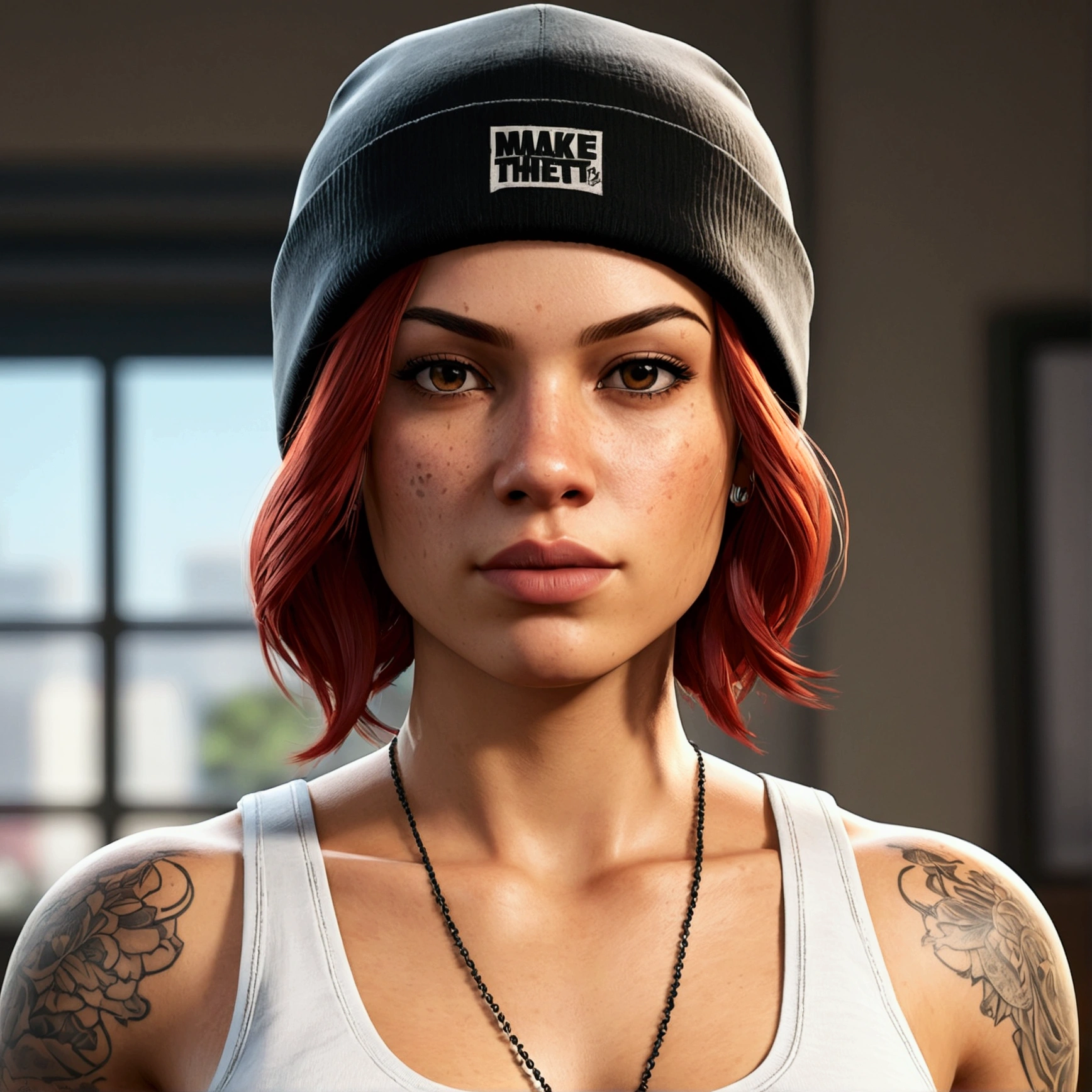 Make a redhead Latina girl character with a white tank top in a portrait style artwork from the Grand Theft Auto franchise Make her with a black beanie Make her with short hair down to her shoulders and A tattoo on her right chest