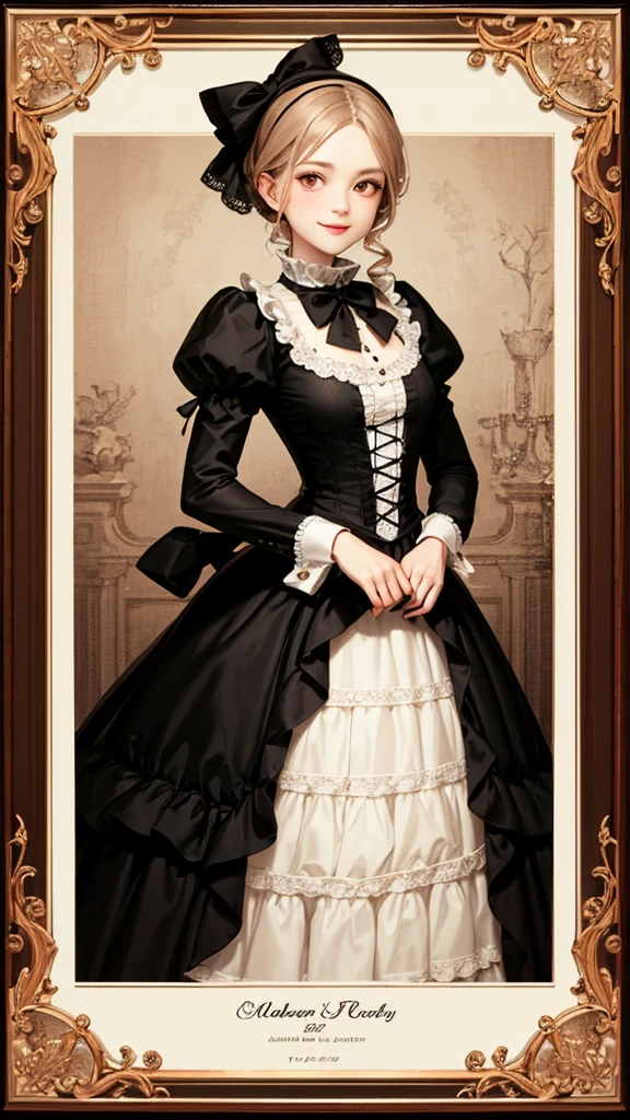 strawberry,Gothic ta,Victorian Era,Gothic ,one girl,Smile,GothicBackground,whole body,Red Rose,Chocolate cake,Coffee Beans