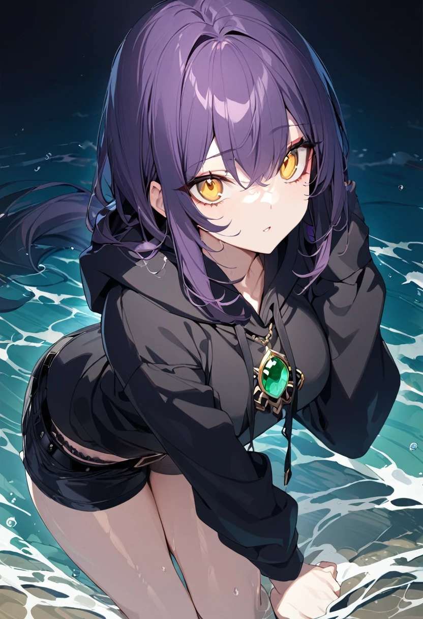 1 girl, masterpiece, top quality, fair skin, golden eyes, big eyes, dark purple hair, side tail, shorts, black belt, green jewel, frills, black hoodie, water