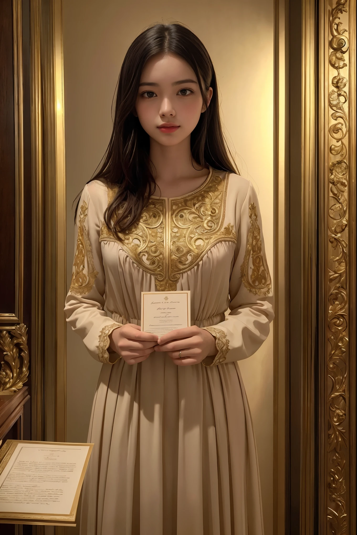A cinematic, high-quality photo of a young woman holding an antique, handwritten party invitation. The room is dimly lit, with a warm, golden hue casting a soft glow on her face as she reads the intricate lettering. The invitation features a beautifully designed, ornate border, hinting at a grand and mysterious event. The overall atmosphere is enchanting and captivating, drawing the viewer into the story of the party and the secrets it holds.