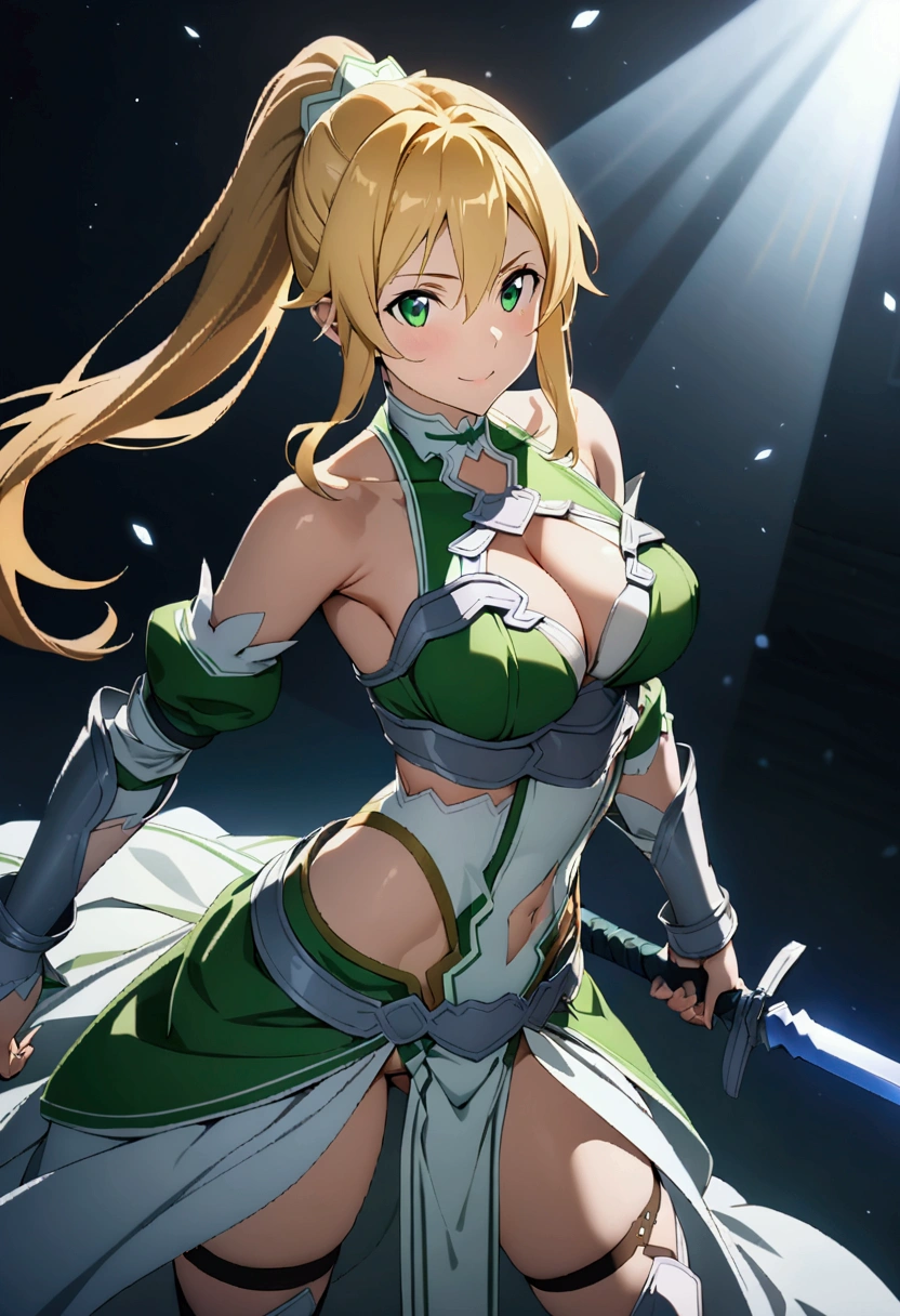 ((greatest masterpiece:1.3, ultimate quality:1.3, ultra-detailed:1.2)), (movie lighting), ((perfectly sensual)), super fine illustration, an extremely delicate and beautiful, 4K, 8K, 16K, UHD, 1girl, solo, Leafa (Sword Art Online), gorgeous blonde hair, ponytail, lustrous emerald eyes, voluptuous, cleavage, well-proportioned feminine body, anatomically perfect, detailed beautiful face, dignified smile, perfect posture, battle stance, wielding sword, erotic armor, highly revealing, bare shoulders, midriff, zettai ryouiki, cinematic angle, official artwork, bold composition, alluring image, perfect AI assist, world-class masterpiece.