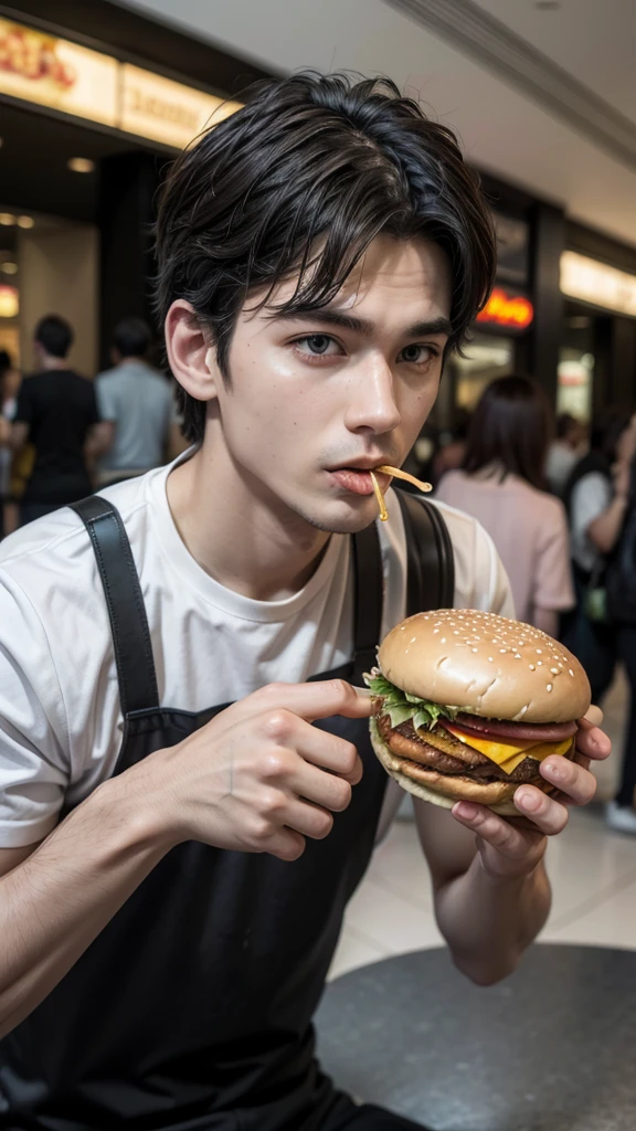 A man eating hamburger in the mall 