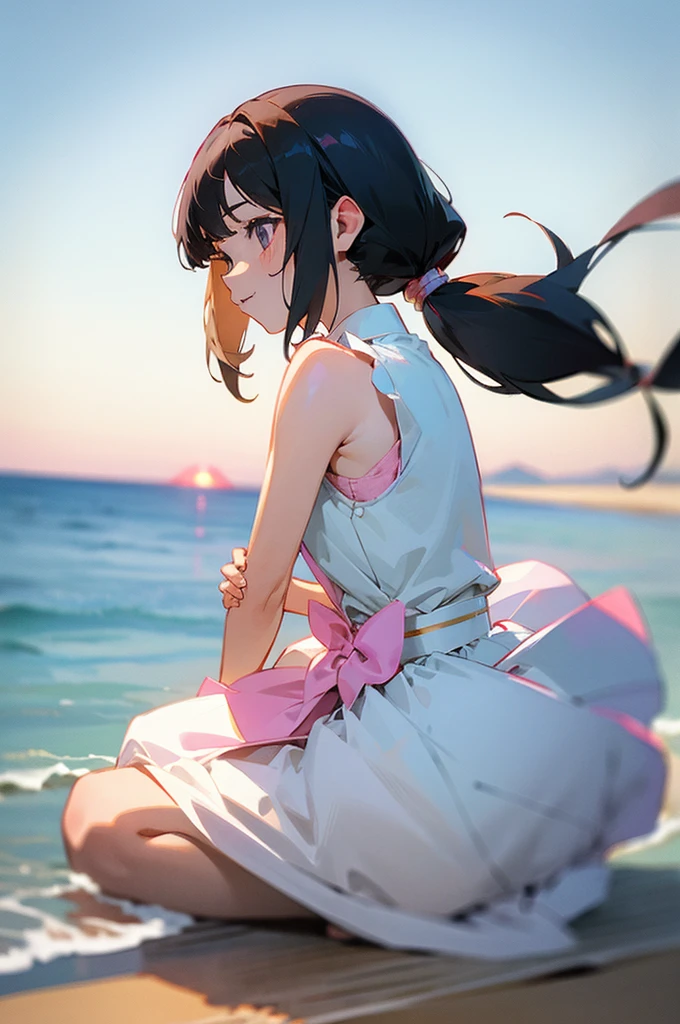 masterpiece, best quality, ultra detailed, outdoors, nature ,{Crystal-clear sea against a blue sky {{with white clouds}}}, seaside serenity, Breezy Beach , {simple background} ,reflective water, a girl, idol, happy, smiling, sitting on the floor, looking away ,medium twintail, black hair, {{curly}}, black hair, odd eyes, droopy eyes, pale skin, {{{vivid pink Sleeveless Ruffle Fluffy ta Costume}}}, {mini-skirt} , at noon, nostalgic atmosphere, cel anime, full body shot, on right, from behind, golden ratio, golden hour, directional light, in focus with blurred background, dark_pink, symmetrical composition