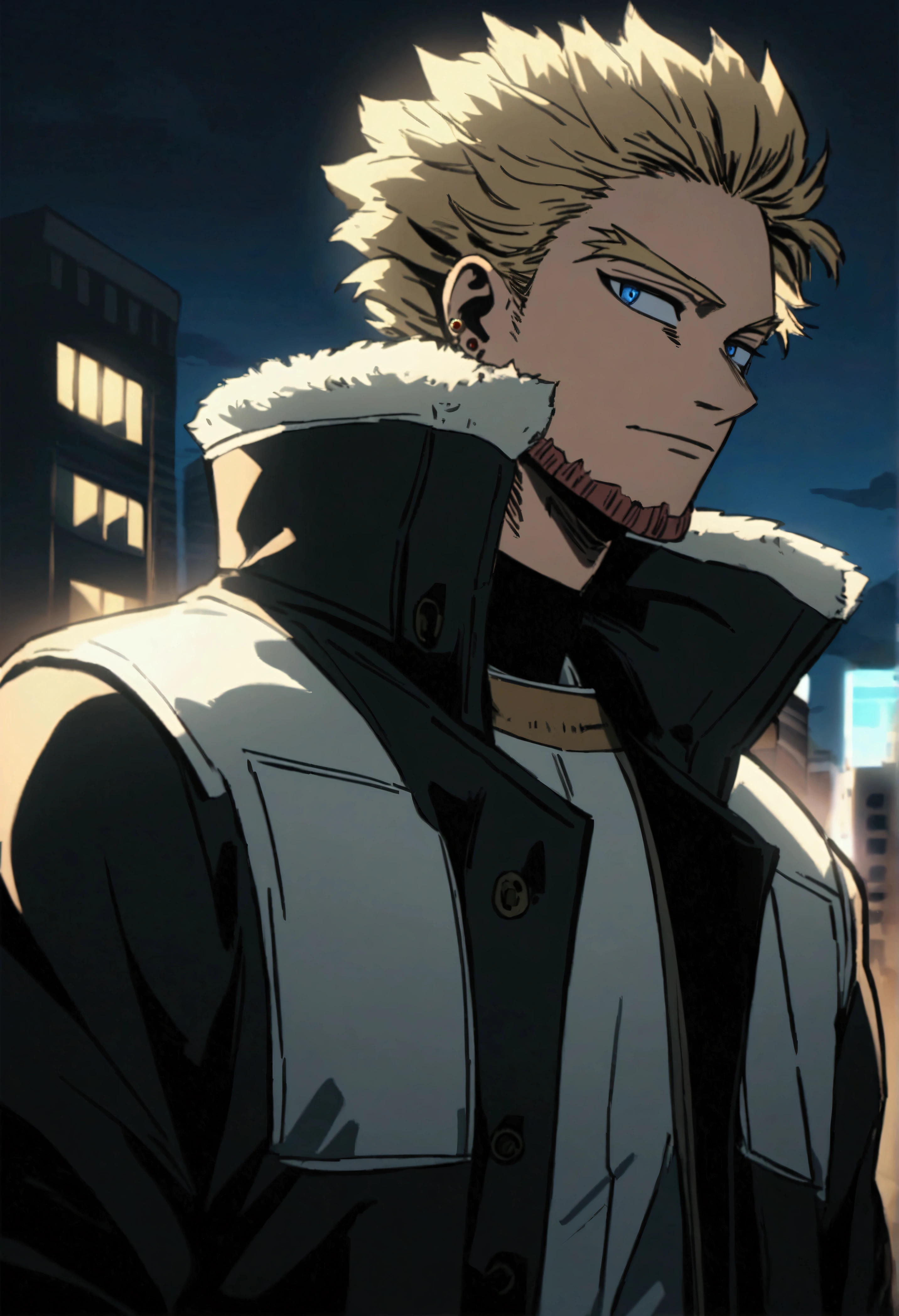  A man, blond hair, piercing blue eyes, detailed facial features, handsome, well-groomed, distinguished, confident expression, wearing a "My Hero Academia" jacket  , urban city background, my hero academy art style, boku no hero art , 8k, high quality, masterpiece, dramatic lighting, cinematic, vivid colors