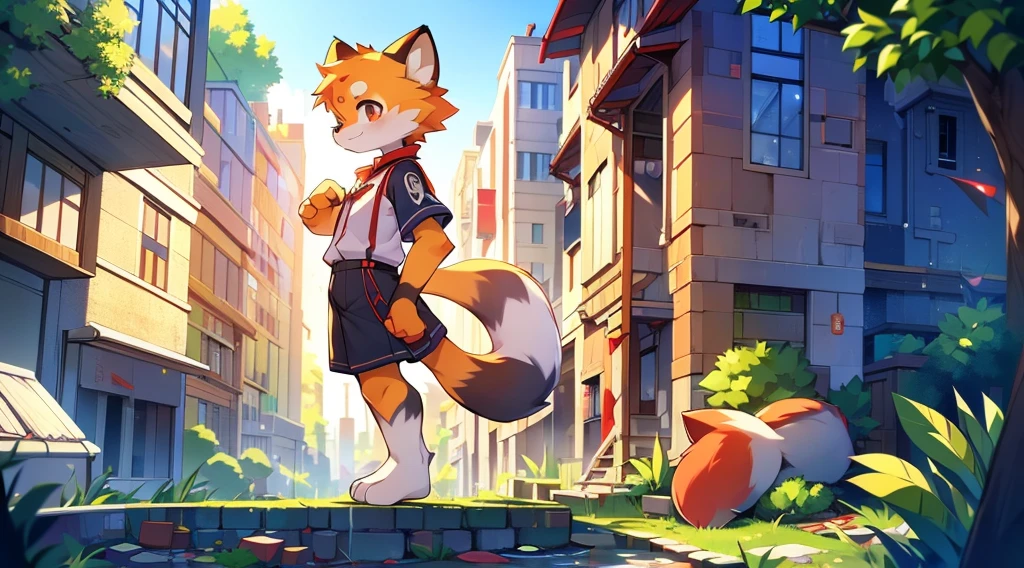 Red Panda Boy,8k resolution,Furry, Uniform attire,Red collar,feetは二つ,feetで立つ! towering,lanky,lanky,:slim body,:tall hands,feet,It's bright outside,Collapsed City,building,broken