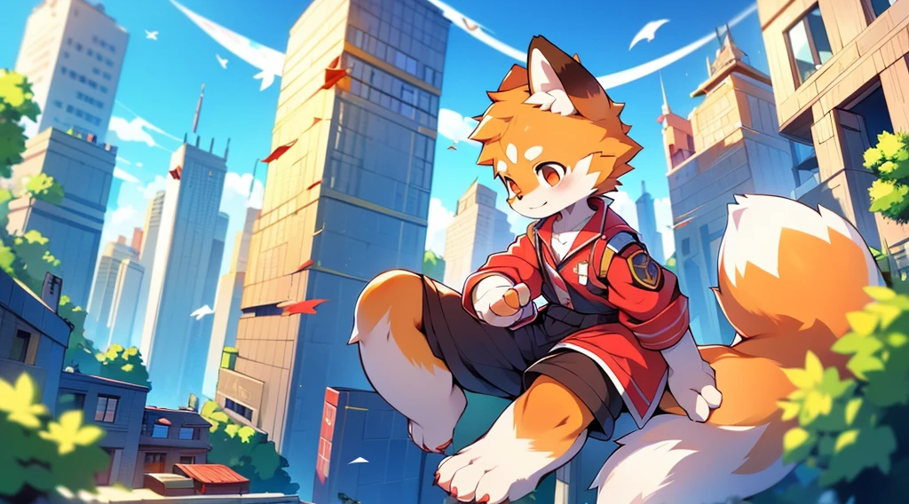 Red Panda Boy,8k resolution,Furry, Uniform attire,Red collar,feetは二つ,feetで立つ! towering,lanky,lanky,:slim body,:tall hands,feet,It's bright outside,Collapsed City,building,broken