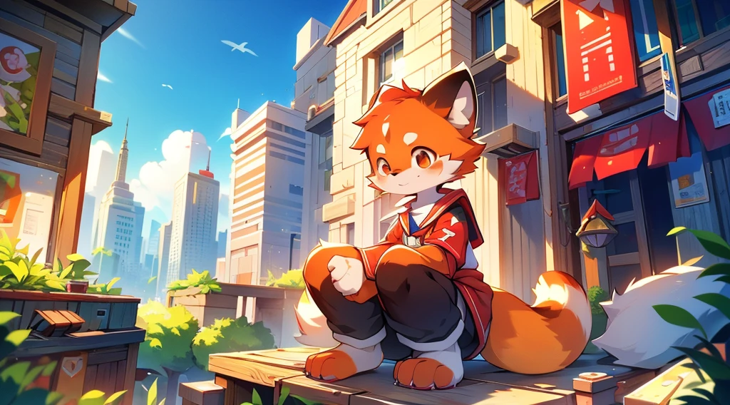 Red Panda Boy,8k resolution,Furry, Uniform attire,Red collar,feetは二つ,feetで立つ! towering,lanky,lanky,:slim body,:tall hands,feet,It's bright outside,Collapsed City,building,broken