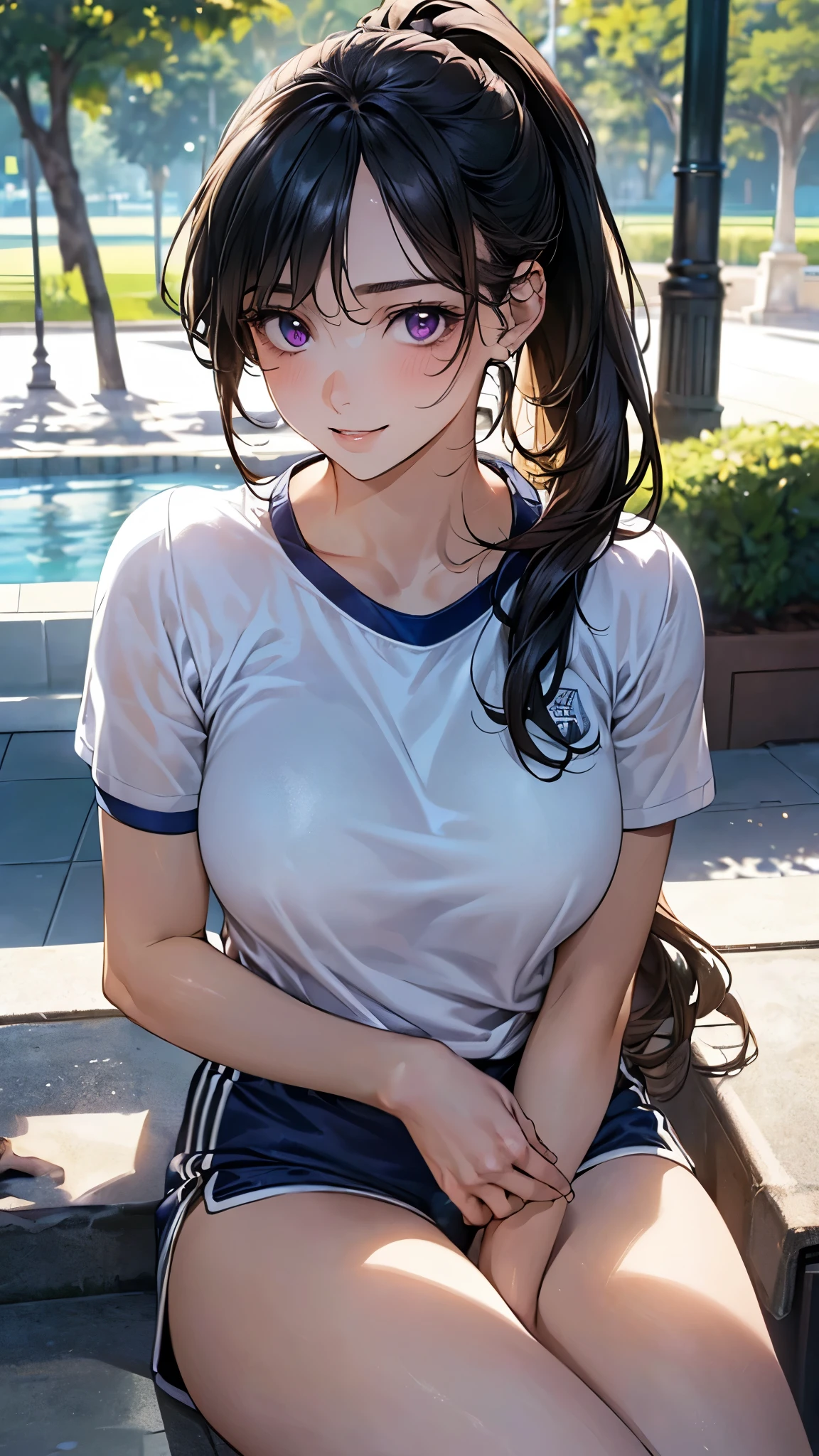 (masterpiece:1.2, top-quality), (realistic, photorealistic:1.4), beautiful illustration, (natural side lighting, movie lighting), depth of fields, (photograph),
beautiful detailed hair, beautiful detailed face, beautiful detailed eyes, beautiful clavicle, beautiful body, beautiful chest, beautiful thigh, beautiful legs, beautiful fingers,
looking at viewer, 1 girl, , (perfect anatomy, anatomically correct, super detailed skin), perfect face, parfect eyes, cute and symmetrical face, babyface,
(le hair, ponytail, sideburns:2.0, black hair), bangs, purple eyes, slant eyes, big eyes, long eye lasher, (large breasts, seductive thighs), slender, white skin, shiny skin,
(short sleeve white t-shirt, navy short pants, gym clothes),
(beautiful scenery), evening, (park:1.2, fountain), sitting on bench, (lovery smile, upper eyes, parted lips),