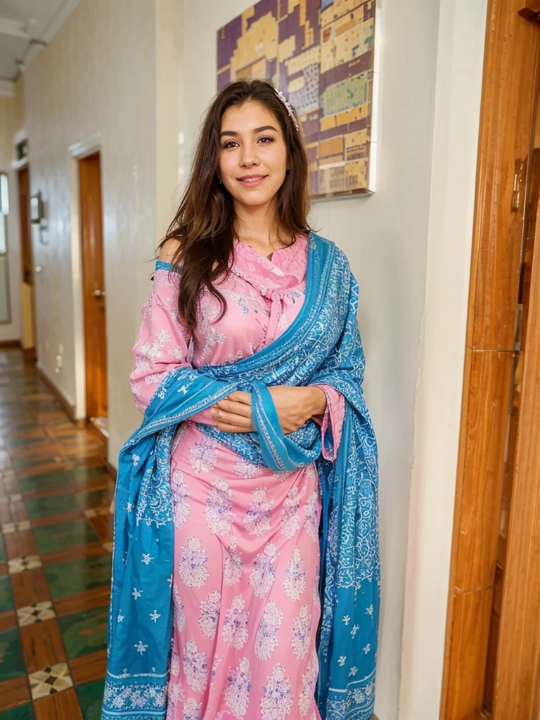 A woman in a traditional outfit stands indoors, smiling. She is wearing a pink dress adorned with white and purple patterns and has a blue patterned shawl draped over her shoulders. The background features a hallway with tiled flooring and a wall-mounted painting.